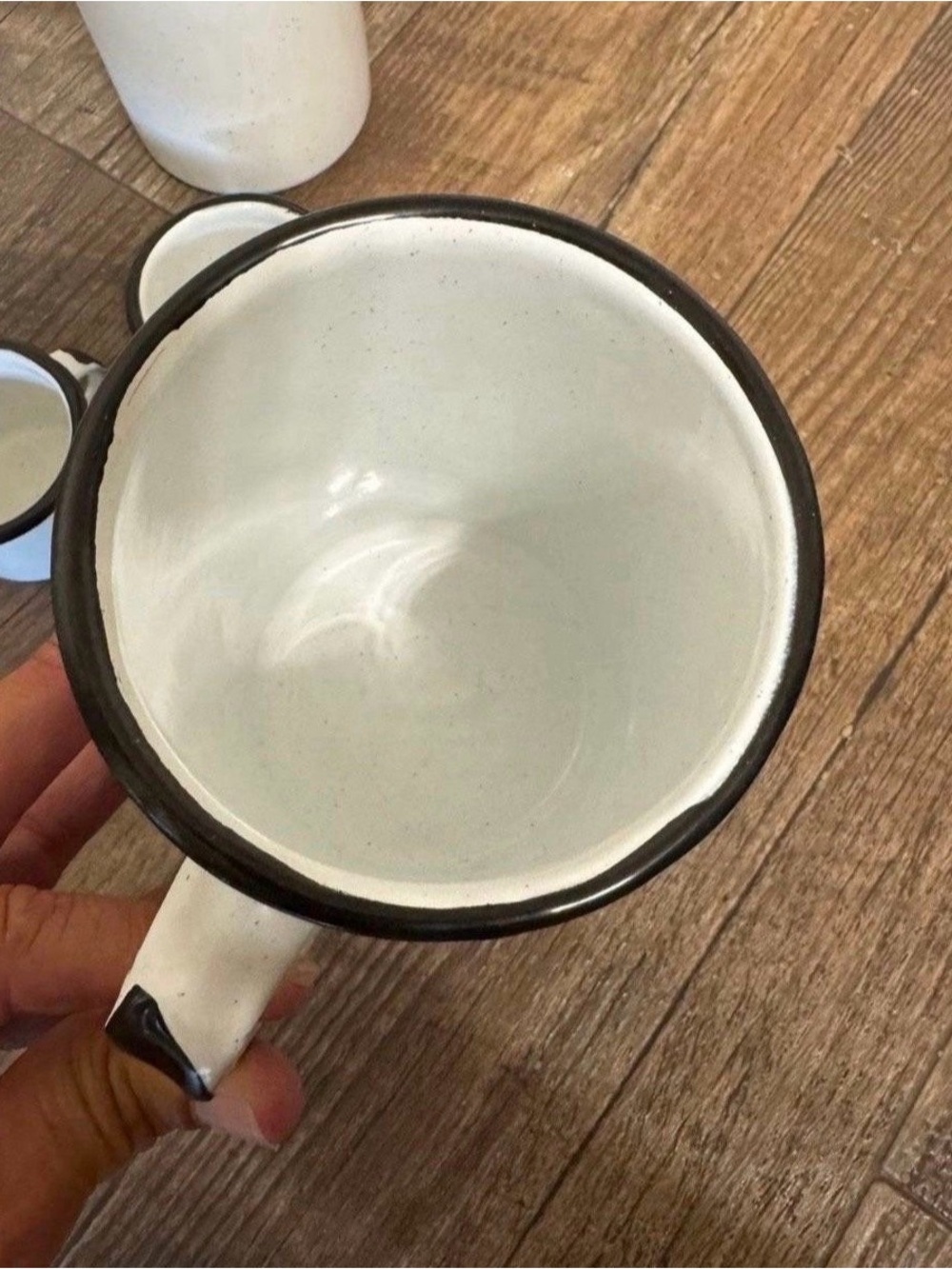 White Speckled Enamel Mug Set w/ Black Rim - 2 Large coffee and 2 espresso cups. - Picture 8 of 10